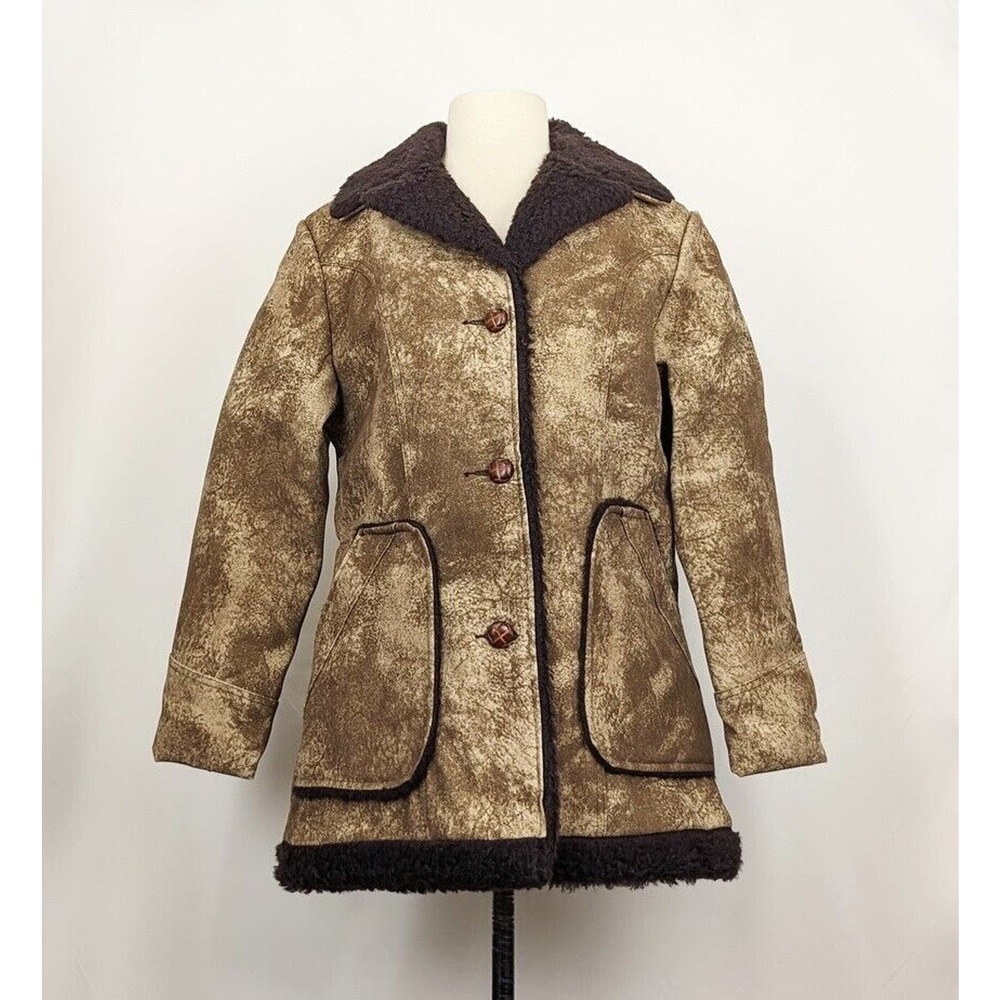 Vintage 80s Coat Brown Faux Suede Fur Sherpa Women's Size M - Picture 1 of 7